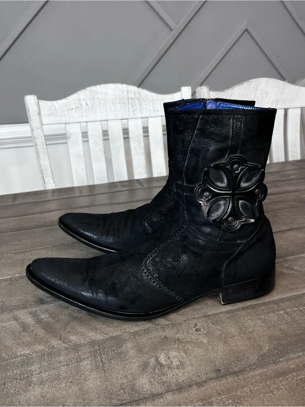Vintage Mark Nason Black Distressed Leather Boots Men's 12 Made in Italy Zip
